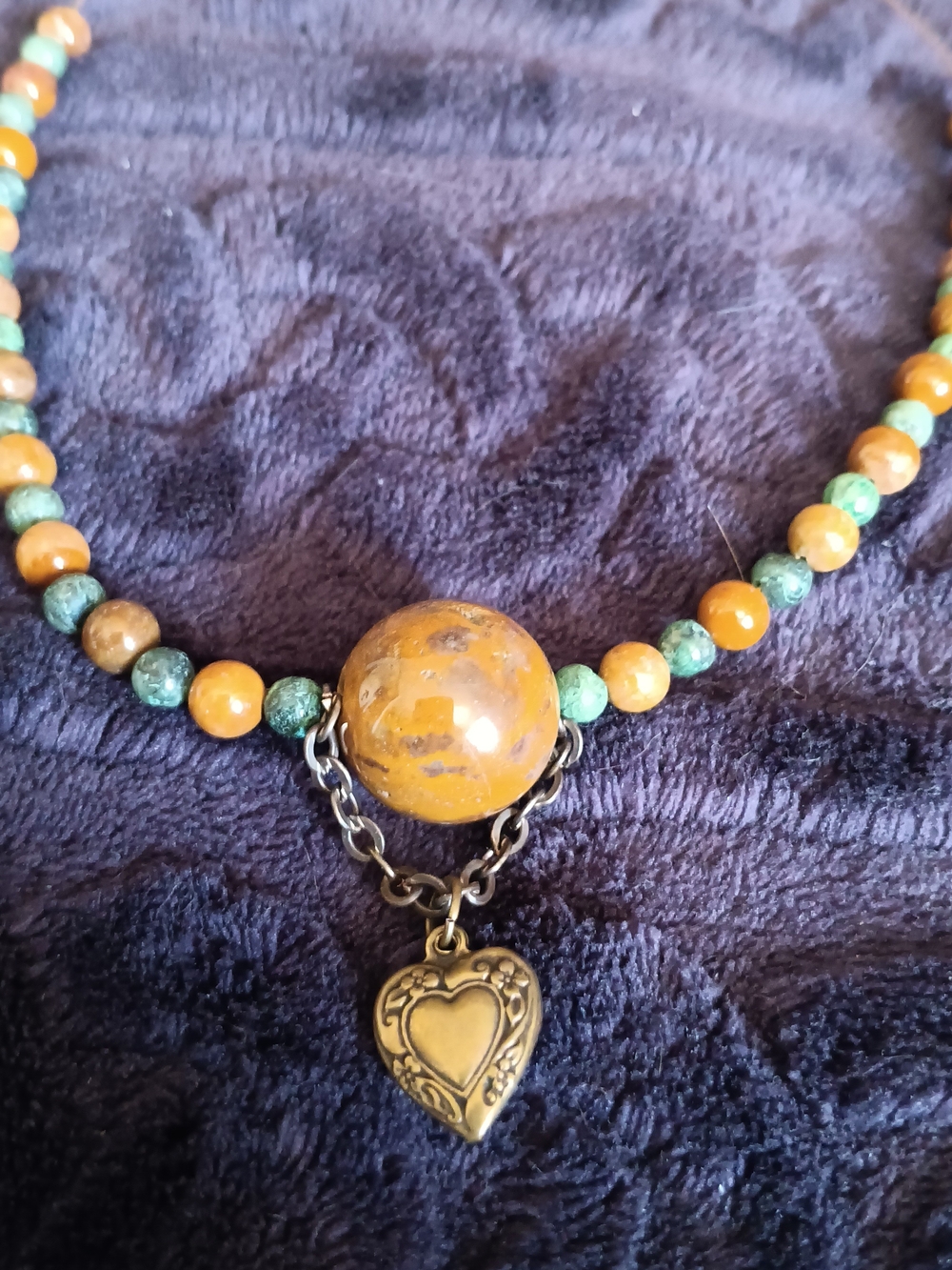Hand Crafted Brown Opal Snd Emerald Beaded Choker With Heart Pendant Necklace